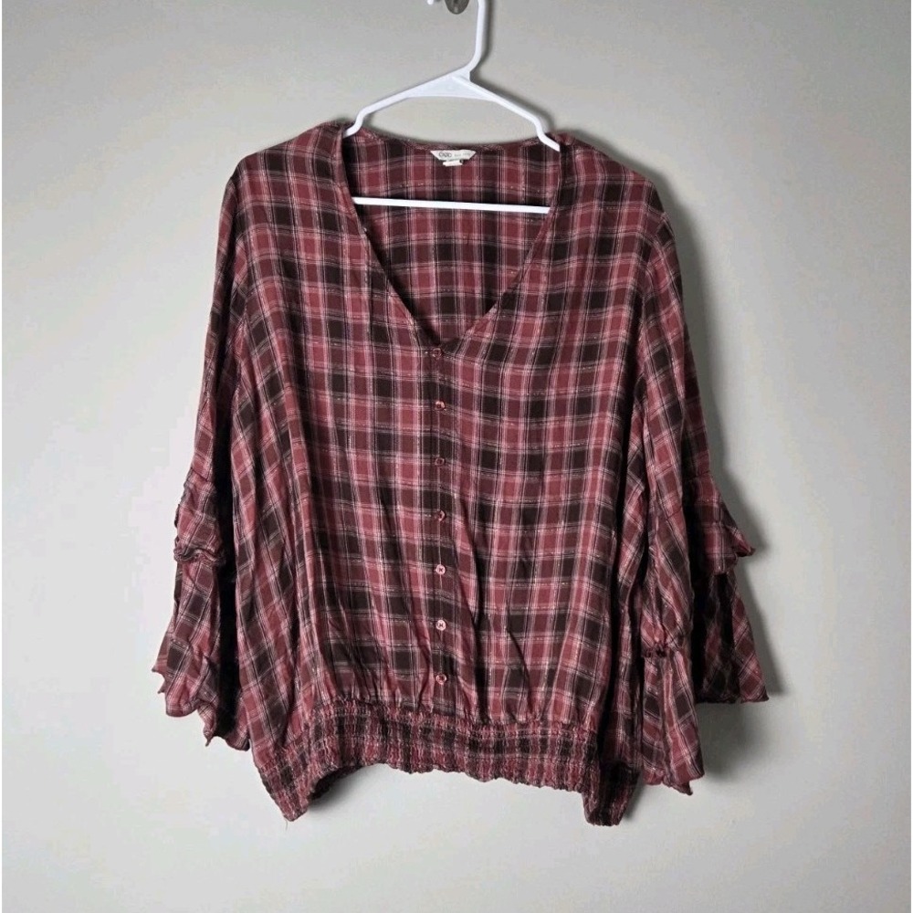Cato Burgundy Plaid Blouse Plus Size 18/20 2X Smocked Hem Ruffle Bell Sleeve